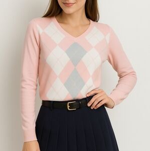 Tommy Hilfiger Pima Cotton Pink Gray Argyle V-Neck Sweater Medium Preppy